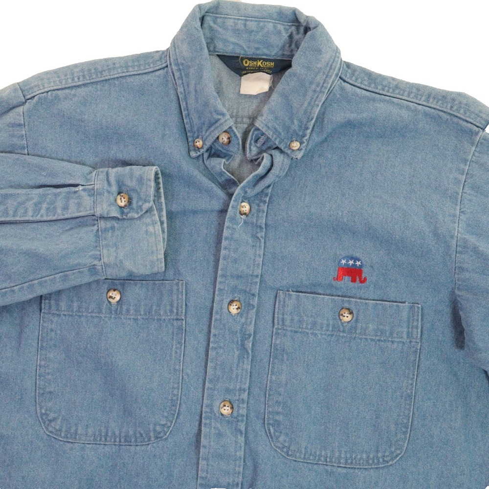 Vintage OshKosh Button Down Denim Political Democrat Elephant Blue Cotton Men L‎